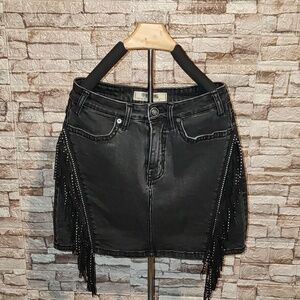 Rock&Roll Denim Black Denim Fringe Skirt High Rise